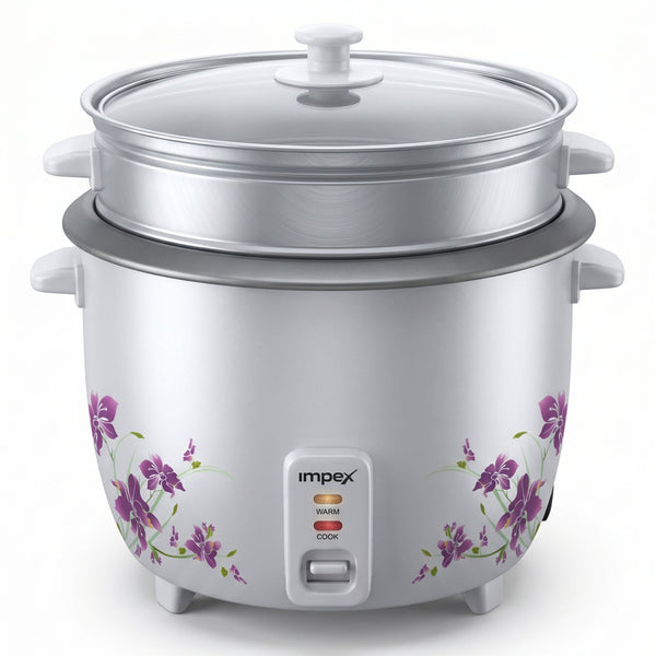Impex electric rice cooker with a stainless steel body, glass lid, and purple floral pattern on the front, shown on a white background.