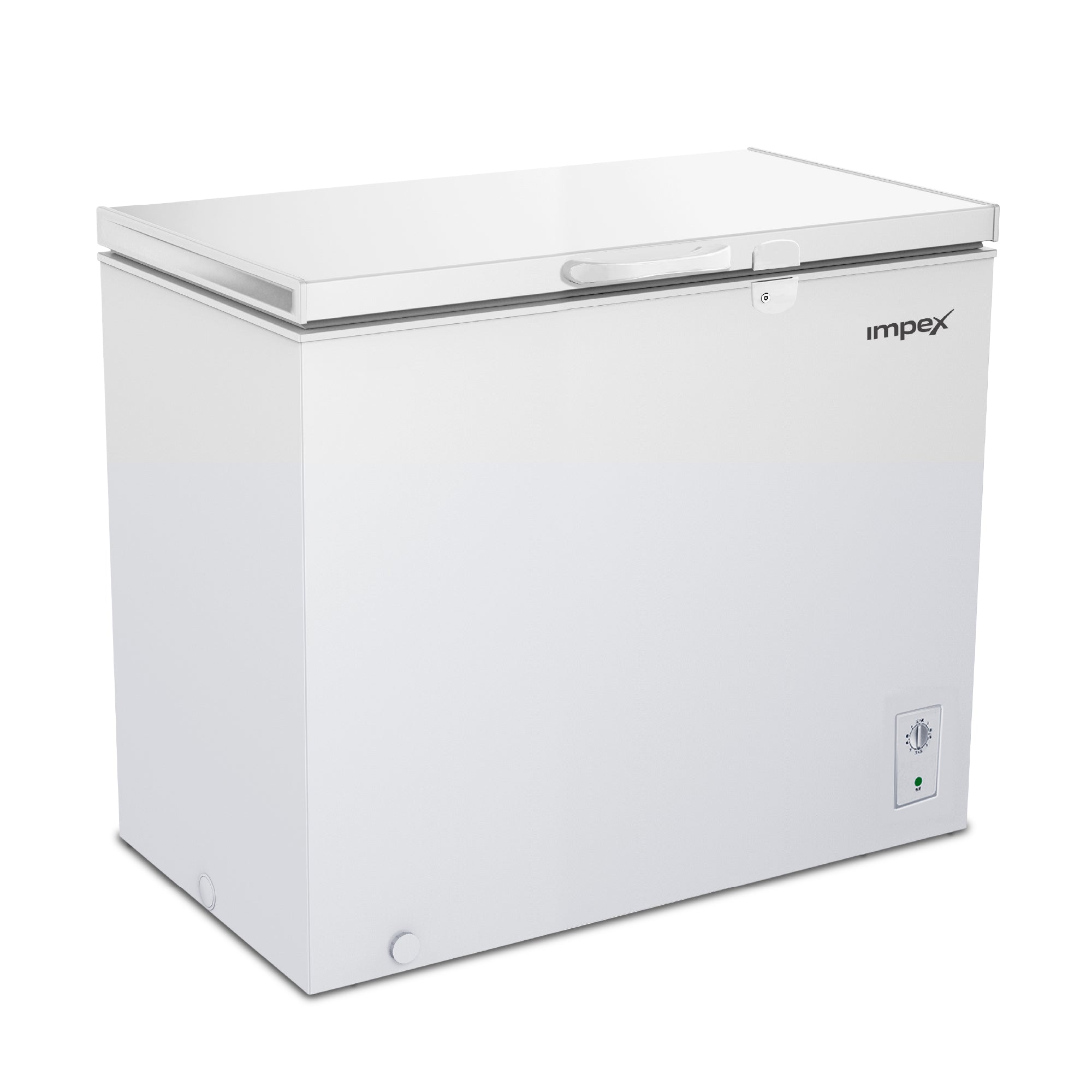 A white Impex chest freezer with a top-hinged lid, shown at a three-quarter angle on a clean white background.