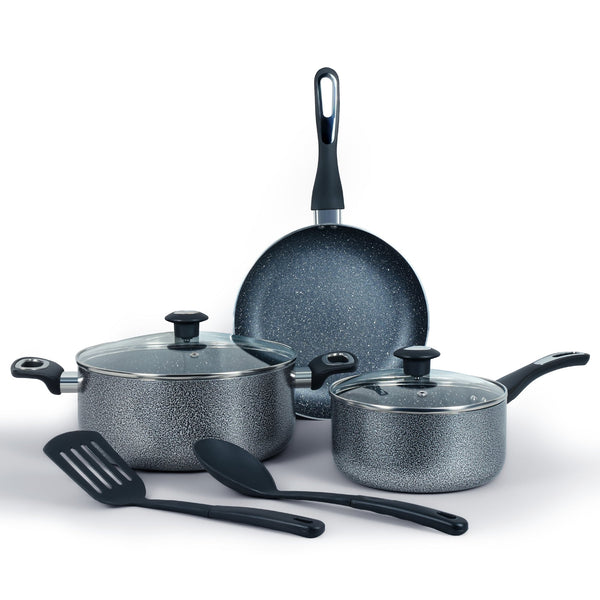 A 4-piece nonstick cookware set in a speckled dark gray finish, including a deep pot, a saucepan, a frying pan, and two black utensils (a spatula and a spoon) on a white background.