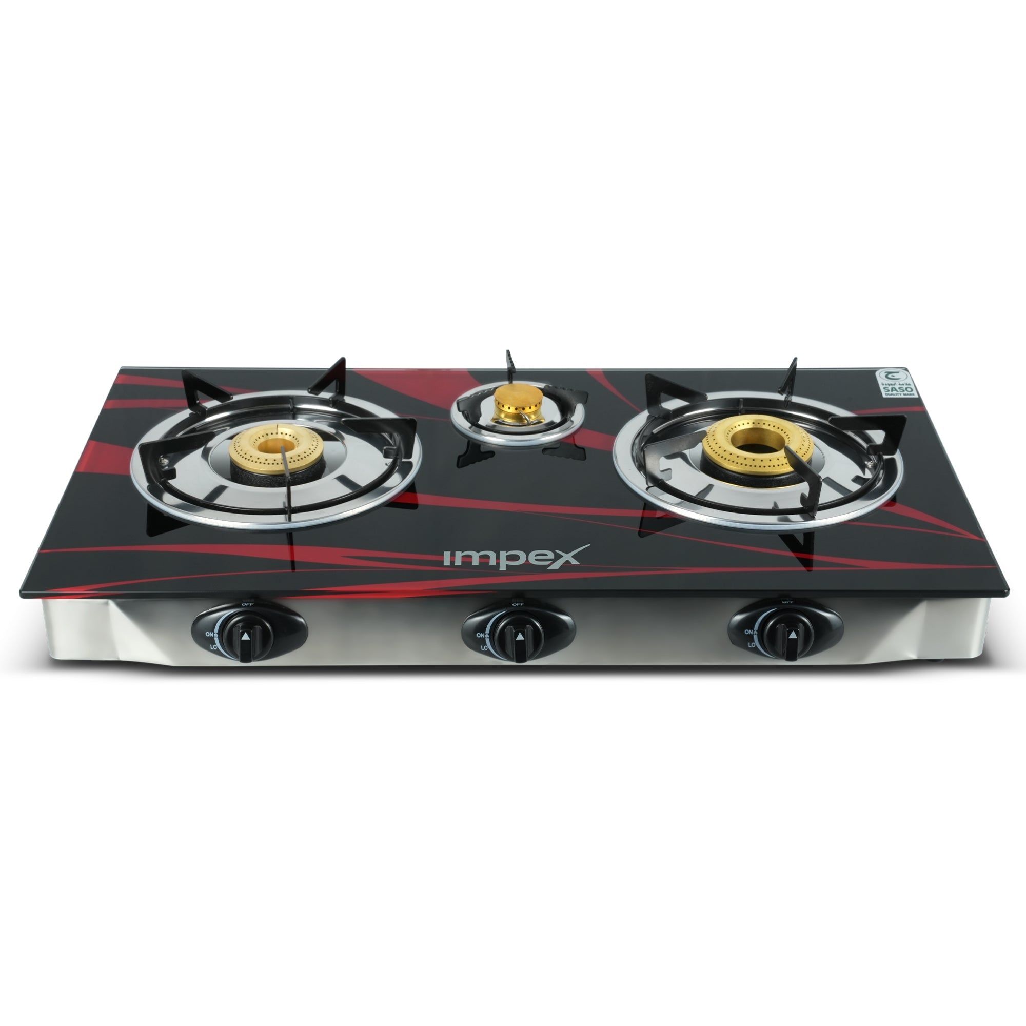 A three-burner gas stove with a glossy black glass front, accented with red graphic lines and gold burner caps. The brand name 'implex' is printed in white on the front.
