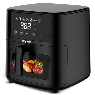 Black air fryer with digital display and Impex branding on a white background