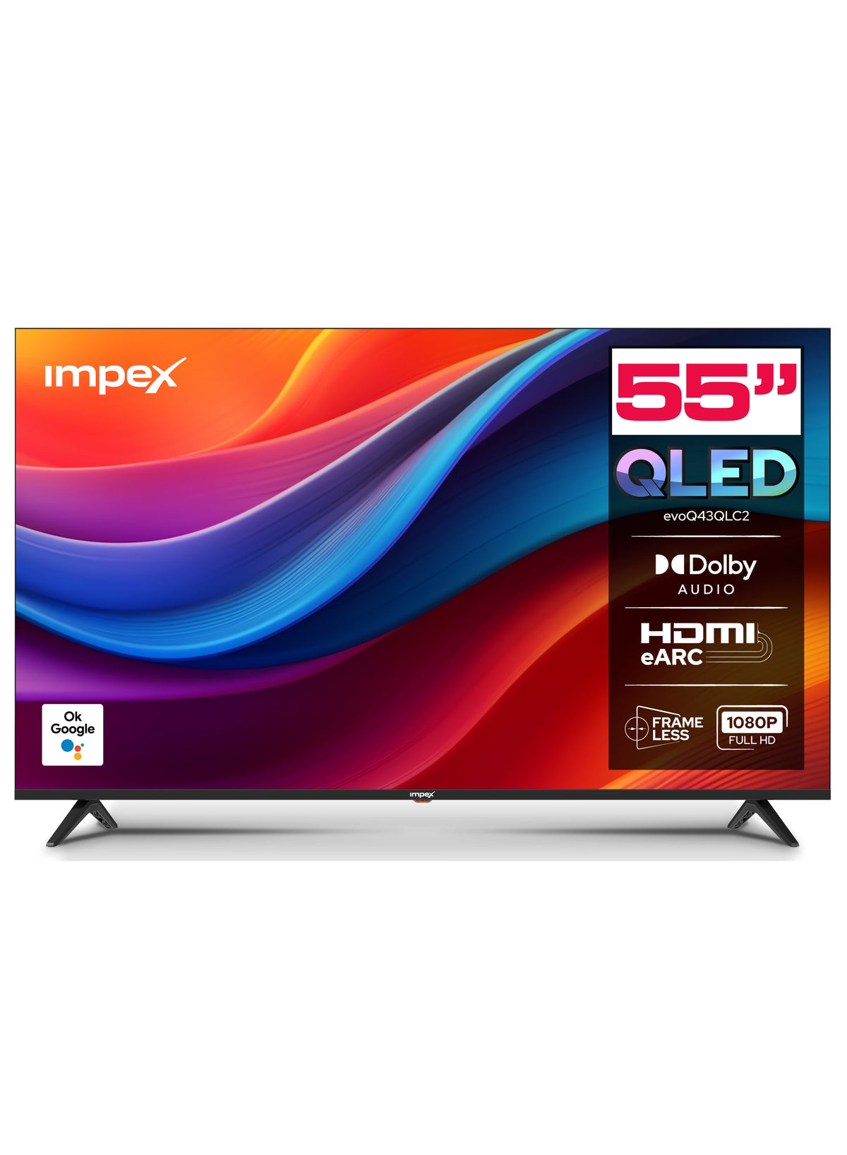 Impex QLED TV with colorful display on a white background