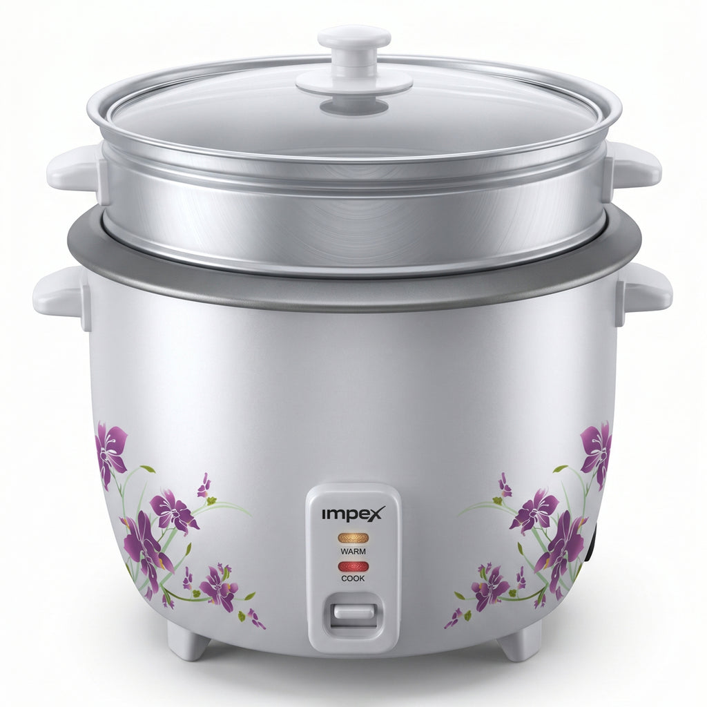 Impex electric rice cooker with a stainless steel body, glass lid, and purple floral pattern on the front, shown on a white background.