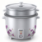 Impex electric rice cooker with a stainless steel body, glass lid, and purple floral pattern on the front, shown on a white background.