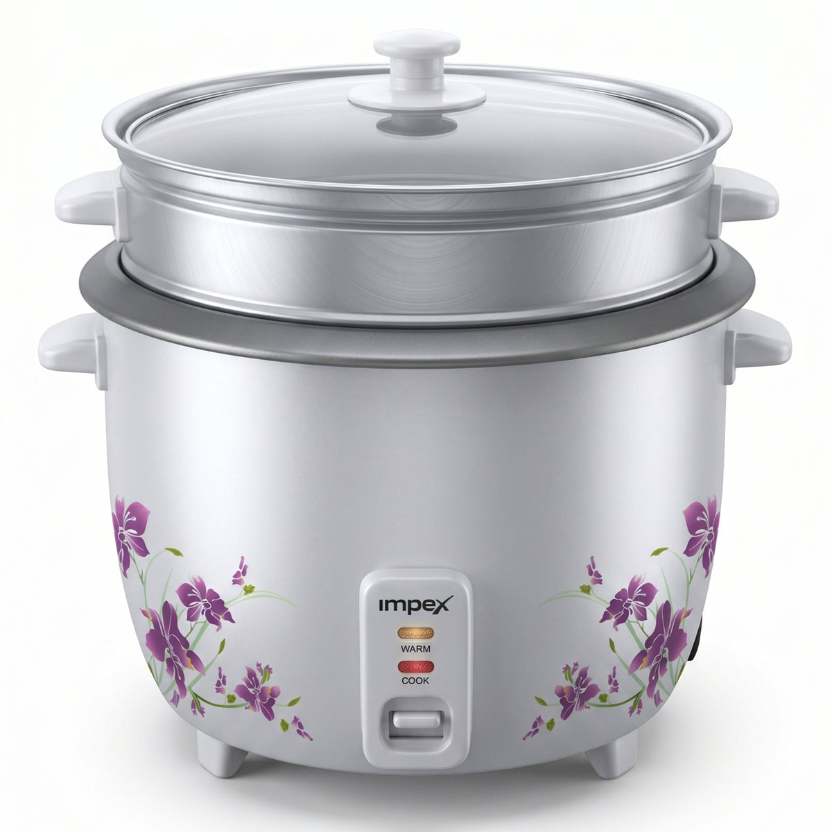 Impex electric rice cooker with a stainless steel body, glass lid, and purple floral pattern on the front, shown on a white background.