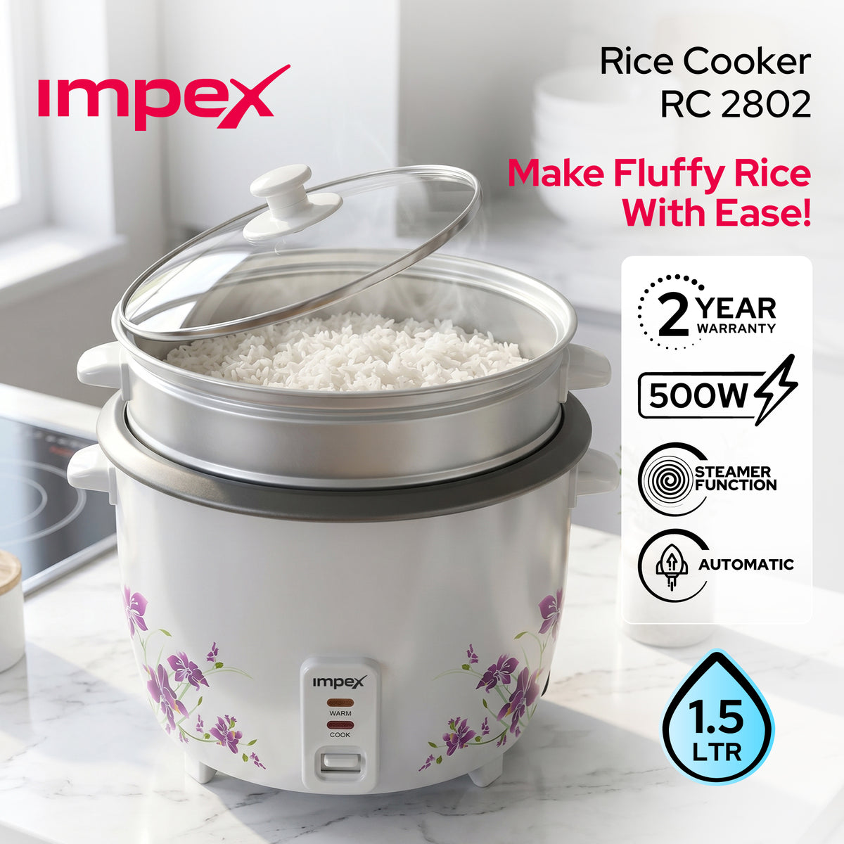 Impex RC2802 – 1.5 Litre 500W Electric Rice Cooker with Steamer Function