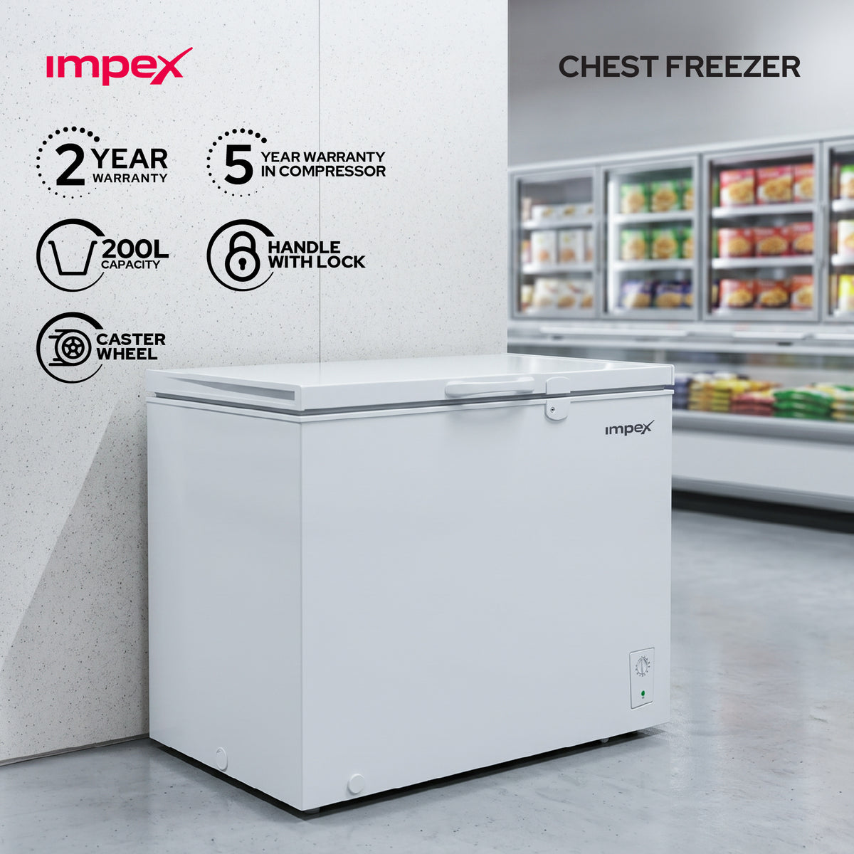 امبكس IMCF200W - فريزر أفقي سعة 200 لتر مع قفل وعجلات ومصباح داخلي
