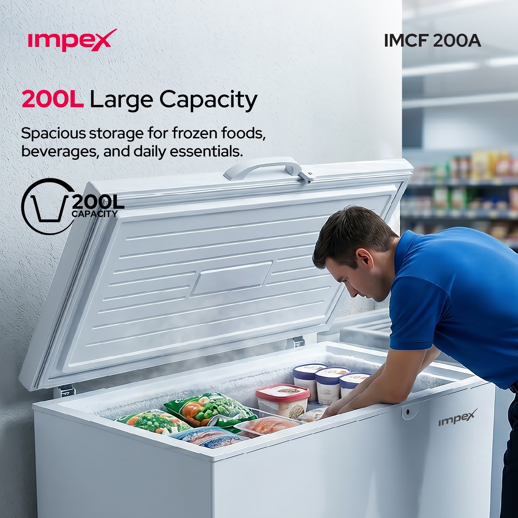 امبكس IMCF200W - فريزر أفقي سعة 200 لتر مع قفل وعجلات ومصباح داخلي