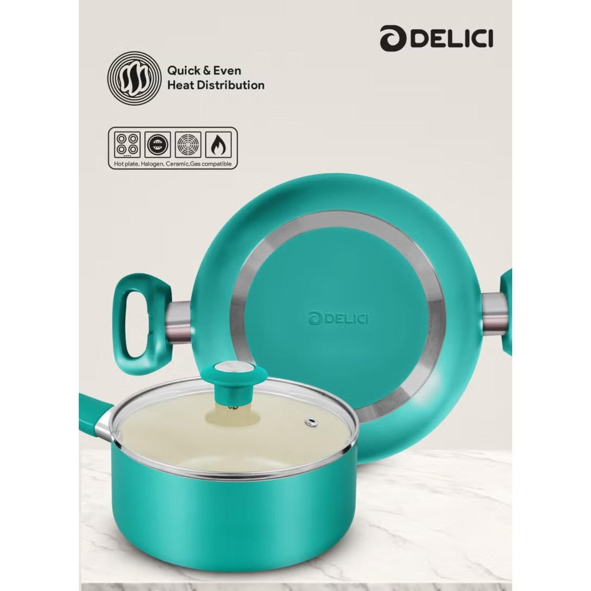 Delici 8-Piece Ceramic Nonstick Cookware Set Green NCC8TG | Made in India