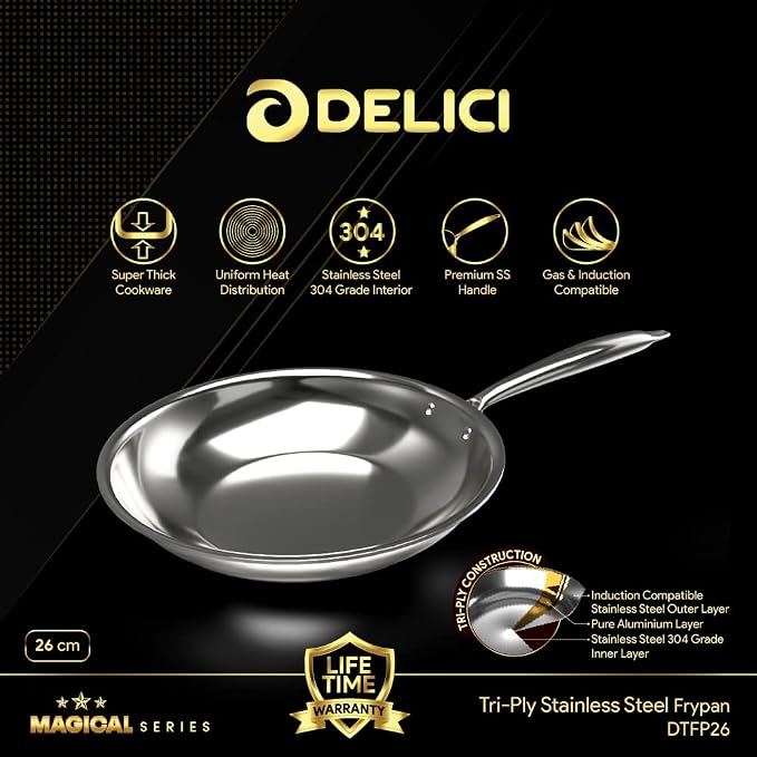 Delici Tri-Ply Stainless Steel Fry Pan 26CM | 304 Grade SS | Induction & Oven Safe | DTFP26