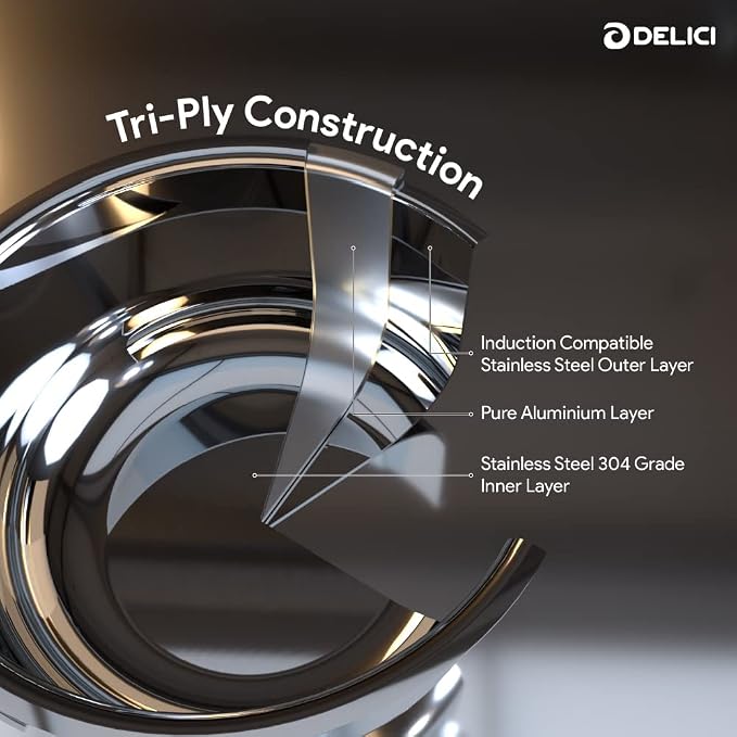 Delici Tri-Ply Stainless Steel Fry Pan 26CM | 304 Grade SS | Induction & Oven Safe | DTFP26