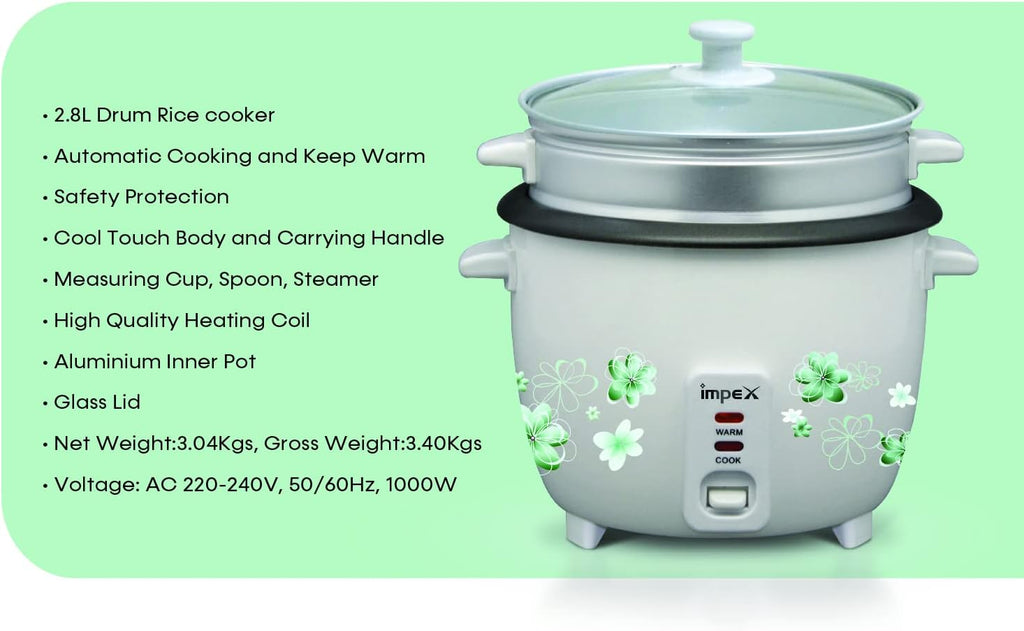 Impex RC2804 – 2.8 Litre 1000W Drum Rice Cooker with Steamer