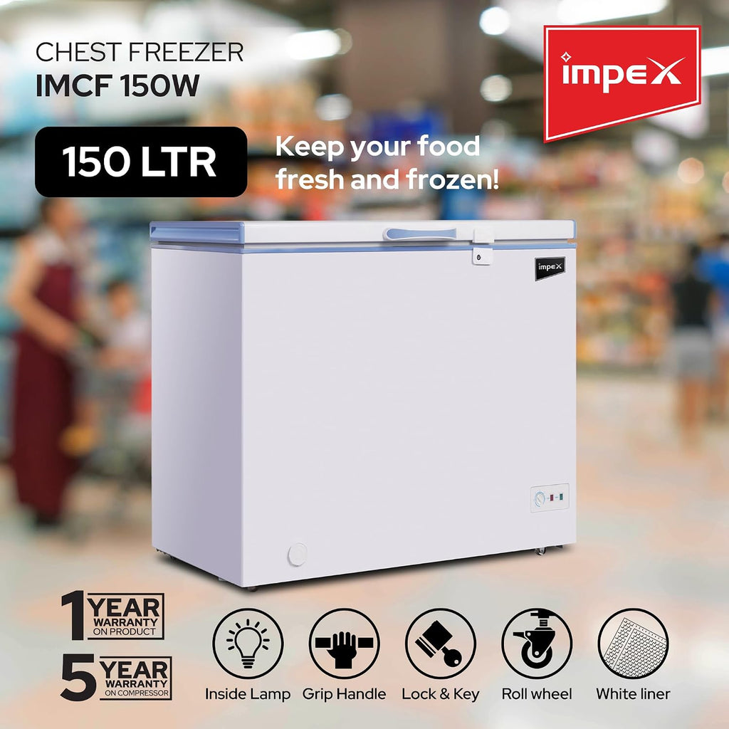 Impex IMCF150W – 150L Chest Freezer with Lock, Castor Wheels & Interior Lamp