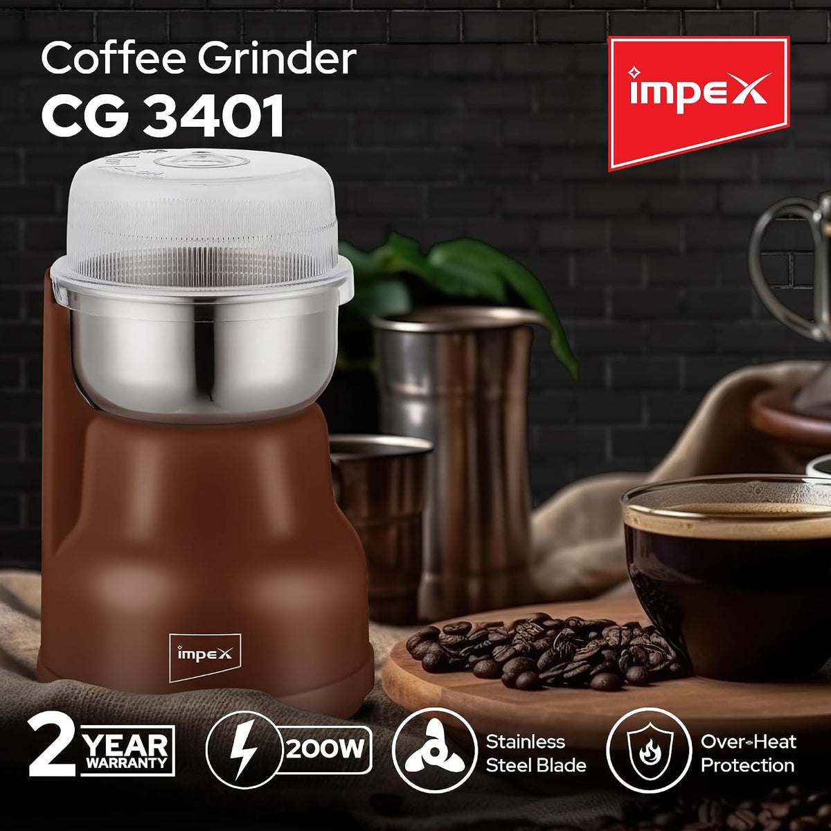 مطحنة قهوة Impex CG3401 بقوة 200 واط مع شفرة من الفولاذ المقاوم للصدأ وحماية من الحرارة الزائدة