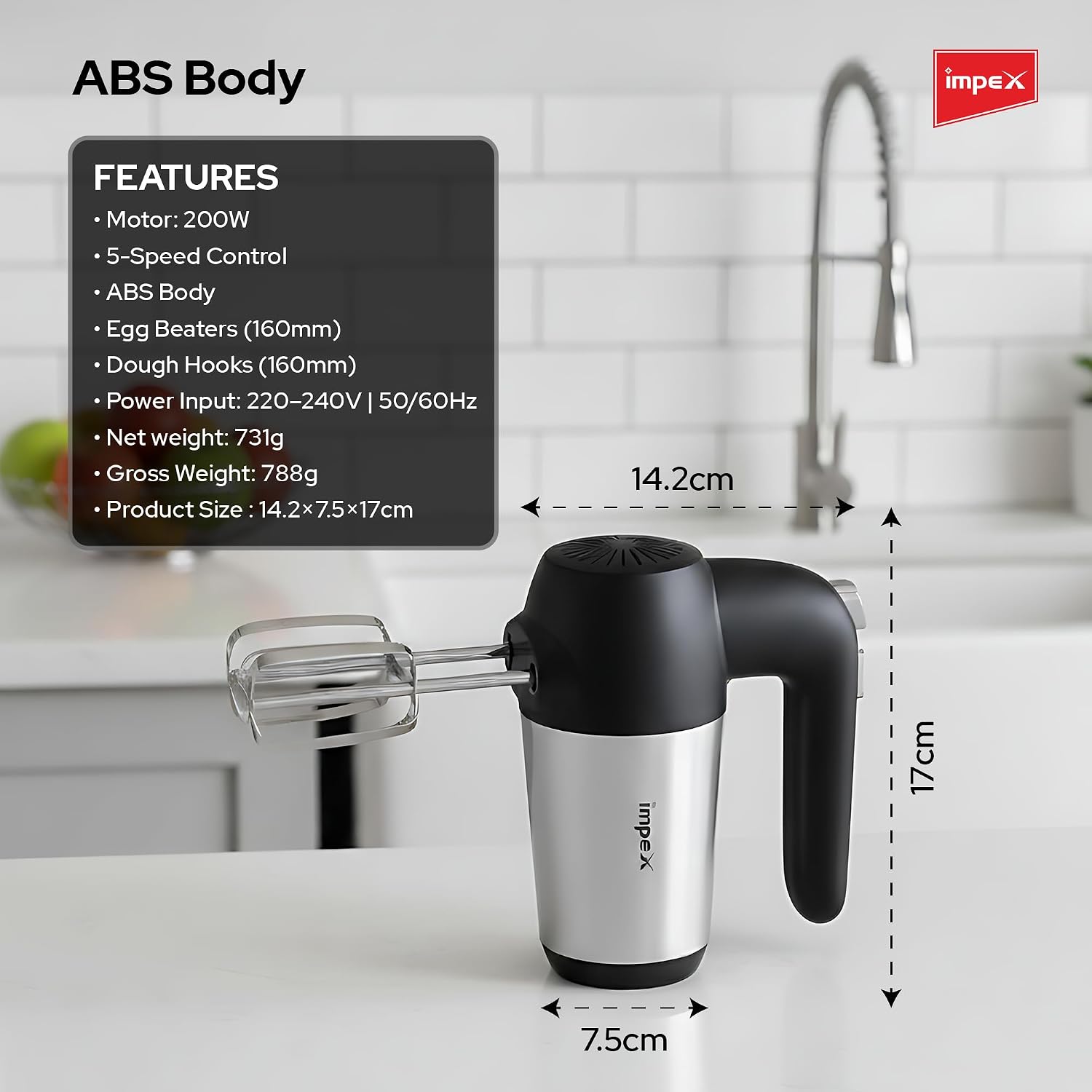 Impex HM3302 – 150W 5-Speed Hand Mixer with Turbo Function & Dough Hooks
