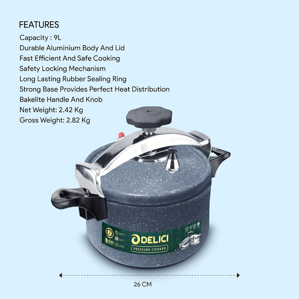 Delici Granite Aluminium Pressure Cooker 9 Litre | Gray | Safety Lock | 2-Year Warranty | DPC9G