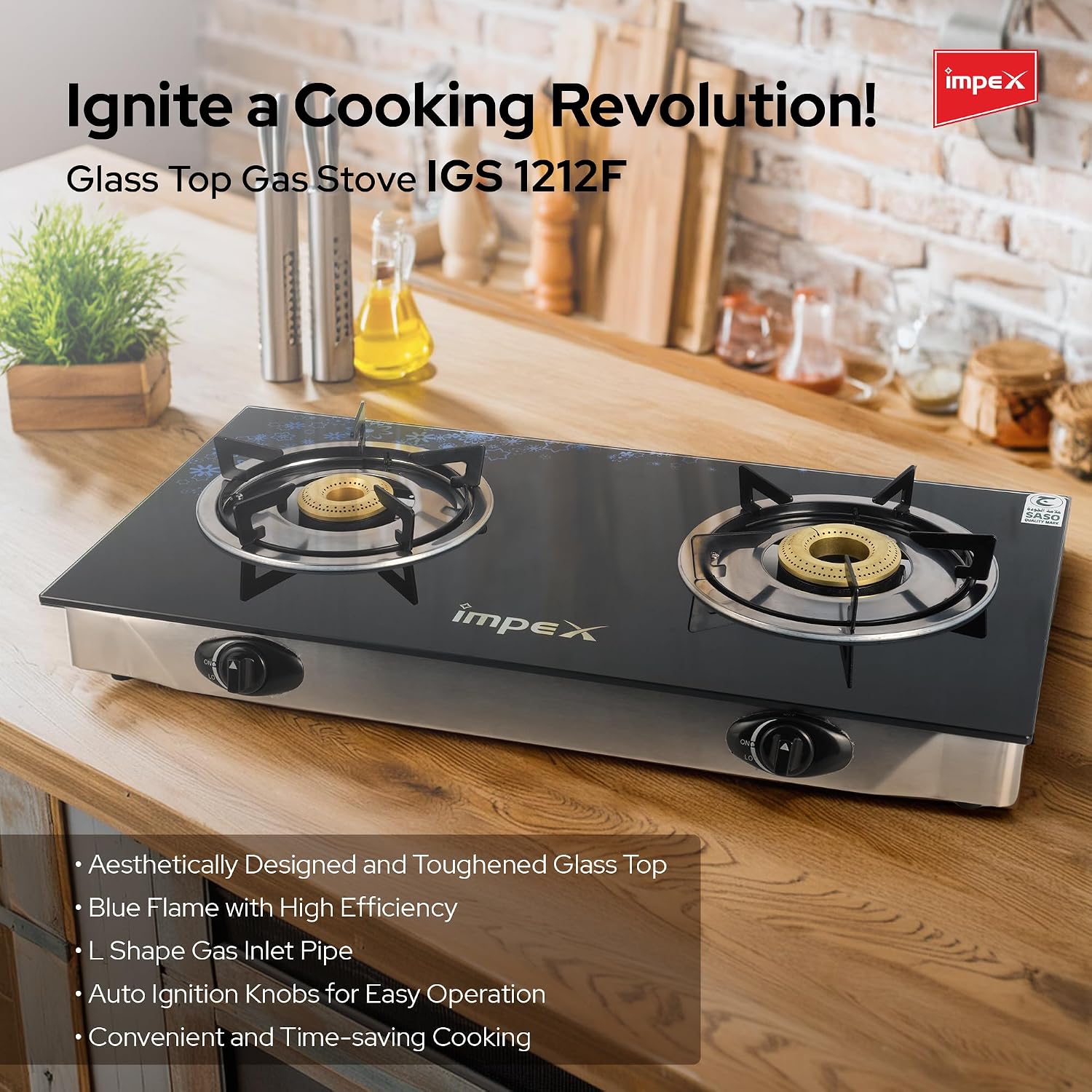 موقد غاز إمبكس LP (إل بي) بـ2 شعلة زجاج (IGS-1212F)