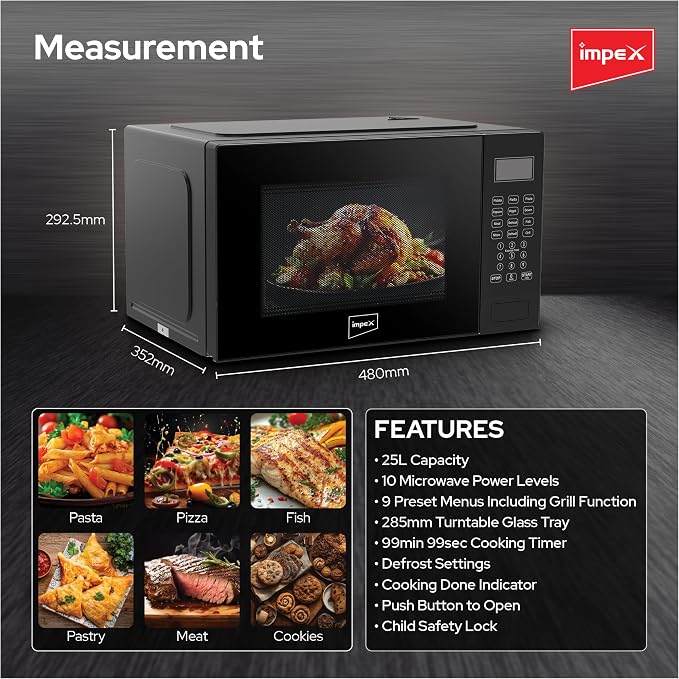 Impex MO8125DGB – 25L Digital Grill Microwave Oven with 9 Preset Menus