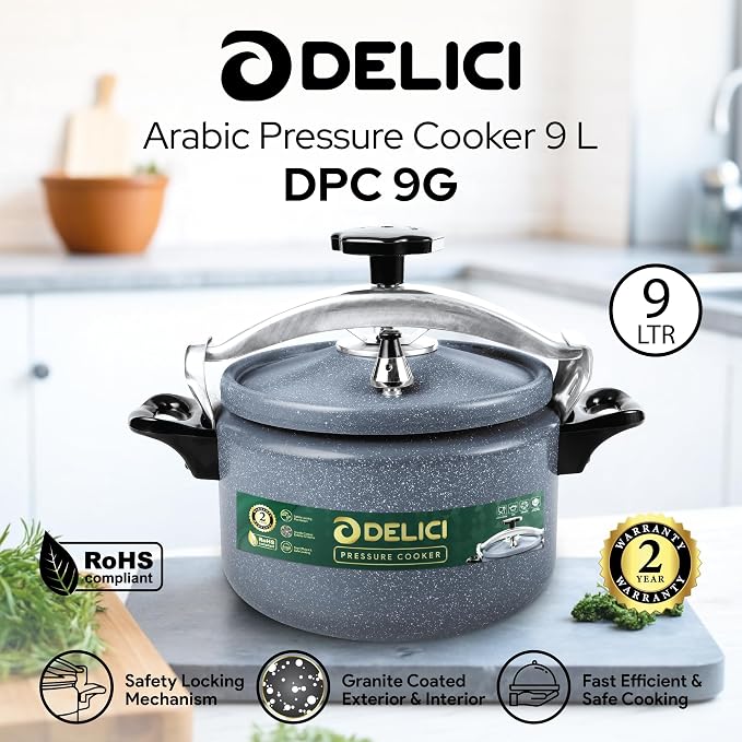 Delici Granite Aluminium Pressure Cooker 9 Litre | Gray | Safety Lock | 2-Year Warranty | DPC9G