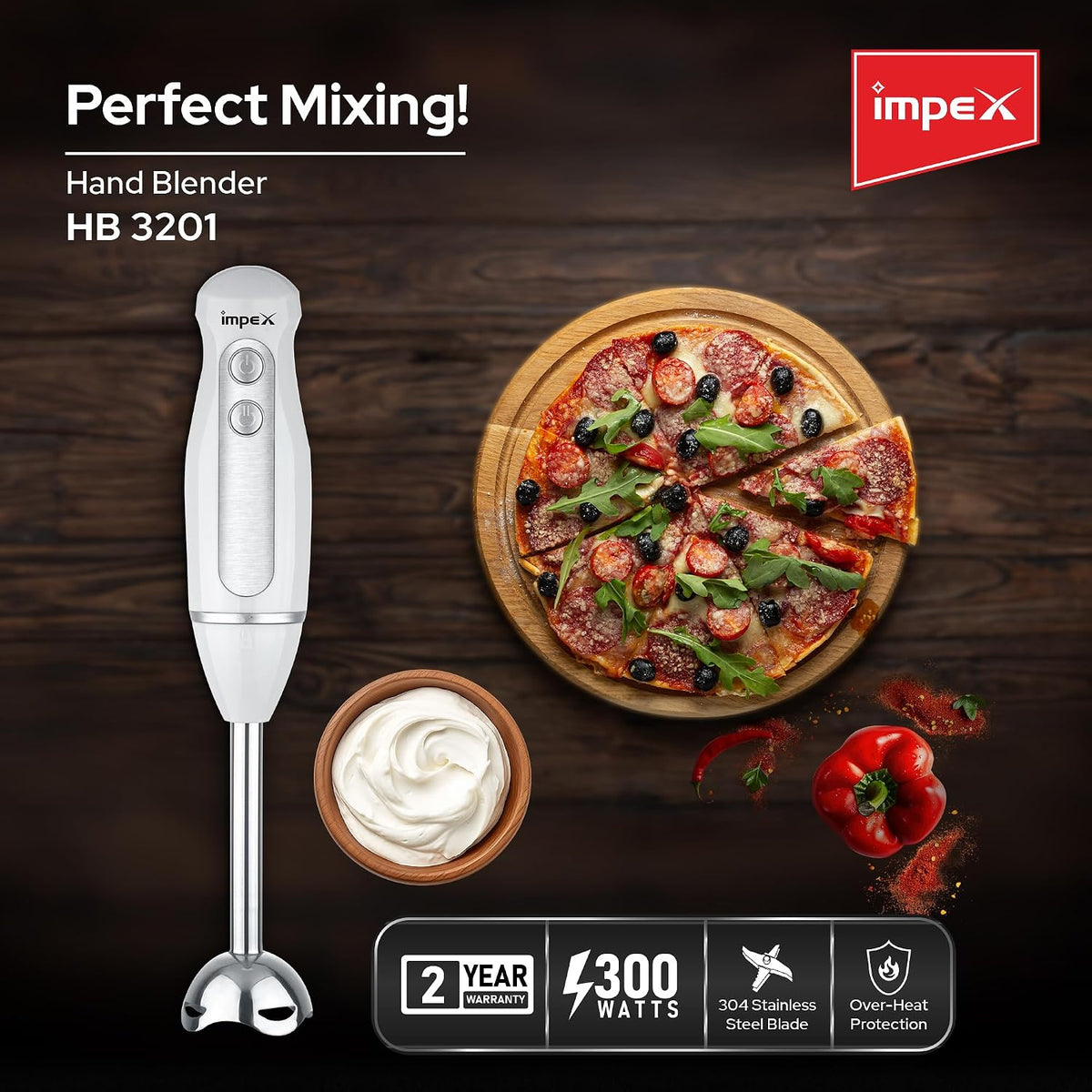 Impex HB3201 – خلاط يدوي 300 واط مع تحكم بسرعتين وحماية من الحرارة الزائدة