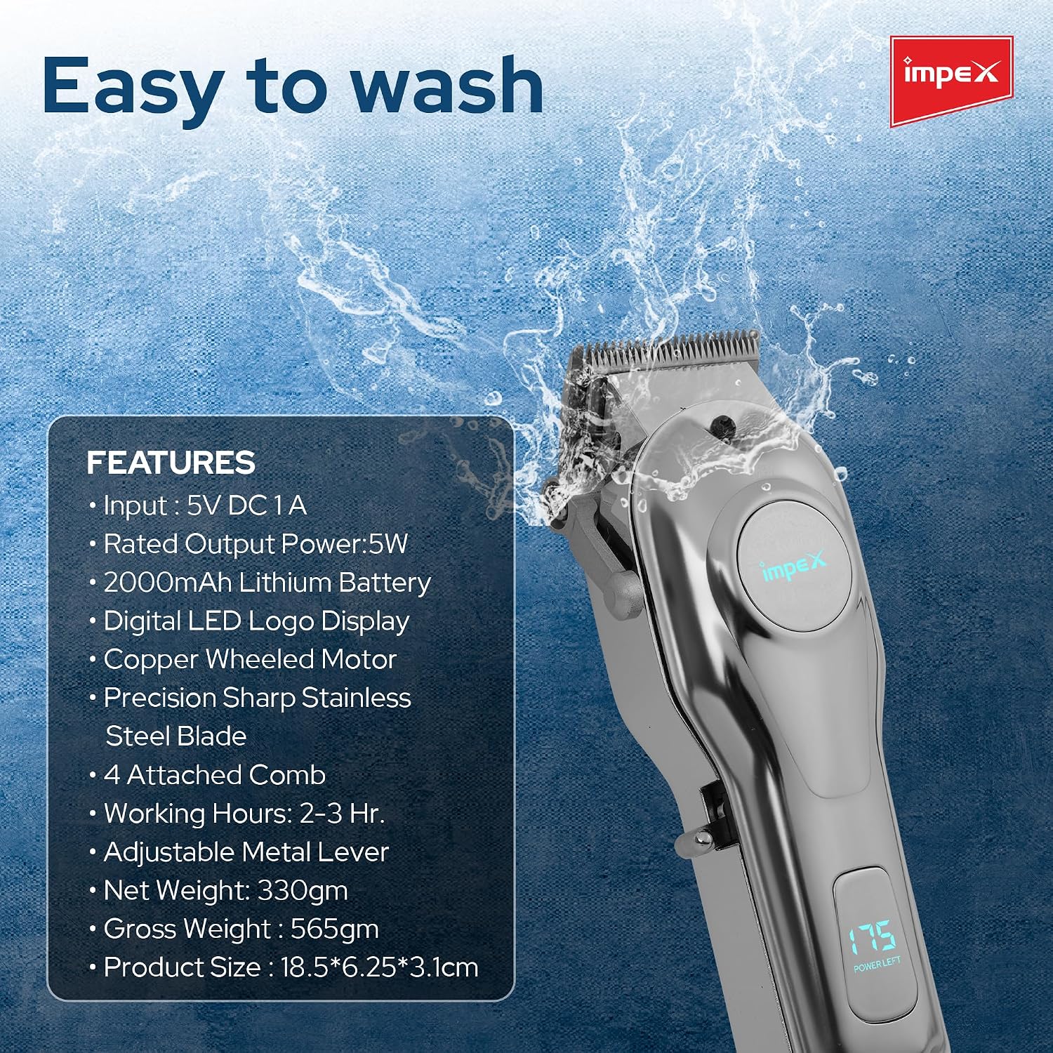 Impex IHC7 – Professional Hair Clipper with LED Display & 2000mAh Battery