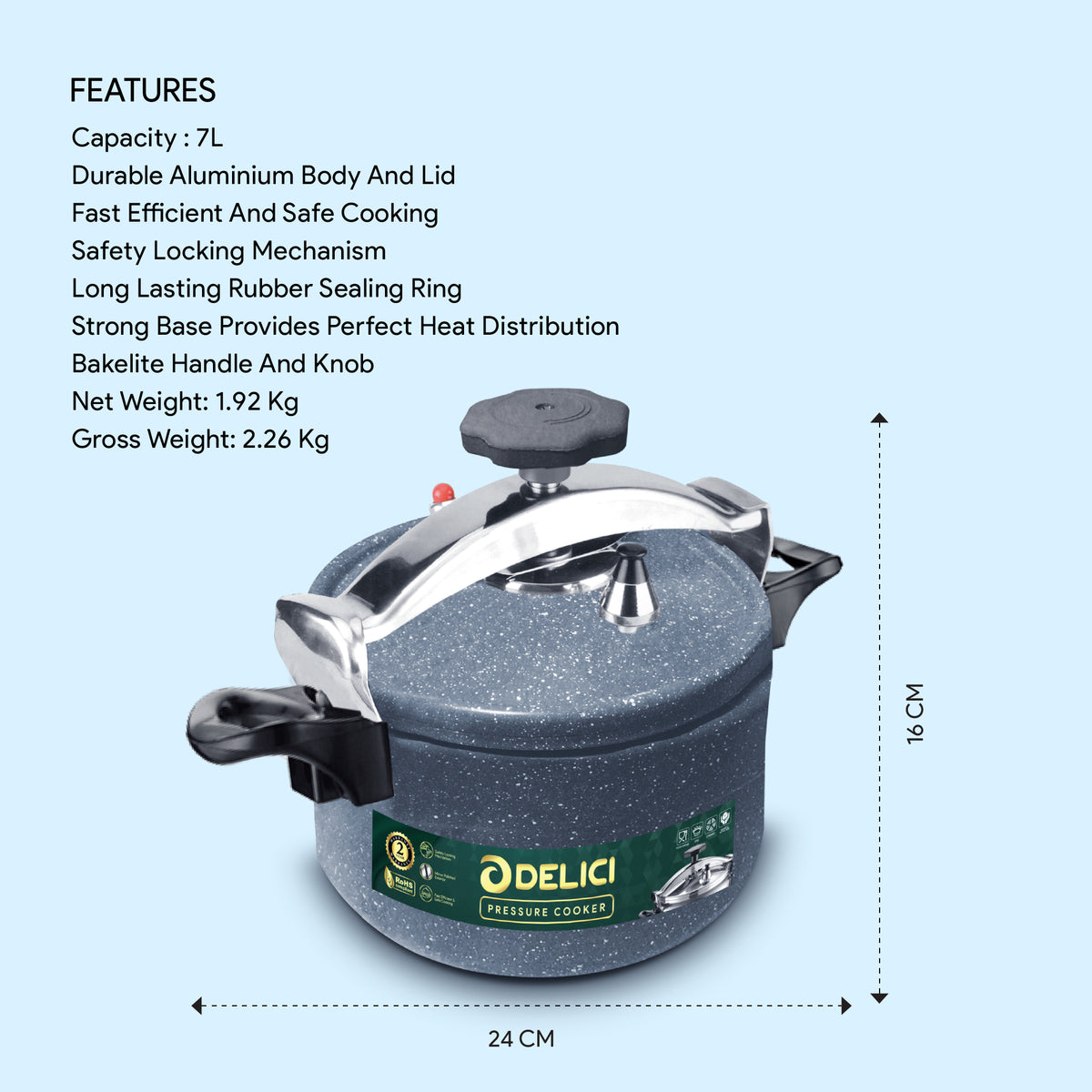 Delici Granite Aluminium Pressure Cooker 7 Litre Gray – DPC 7G | 2-Year Warranty