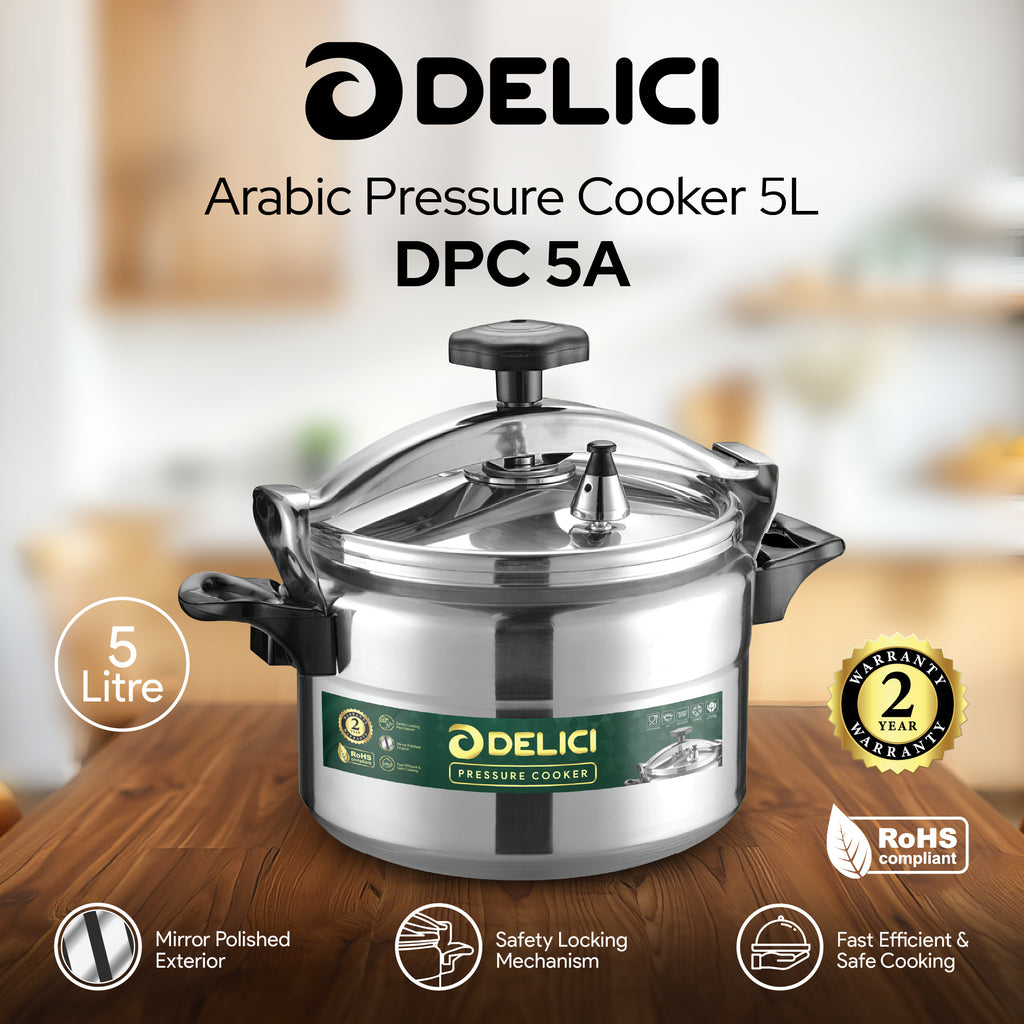Delici Aluminium Pressure Cooker 5 Litre – DPC 5A | Safety Lock & 2-Year Warranty