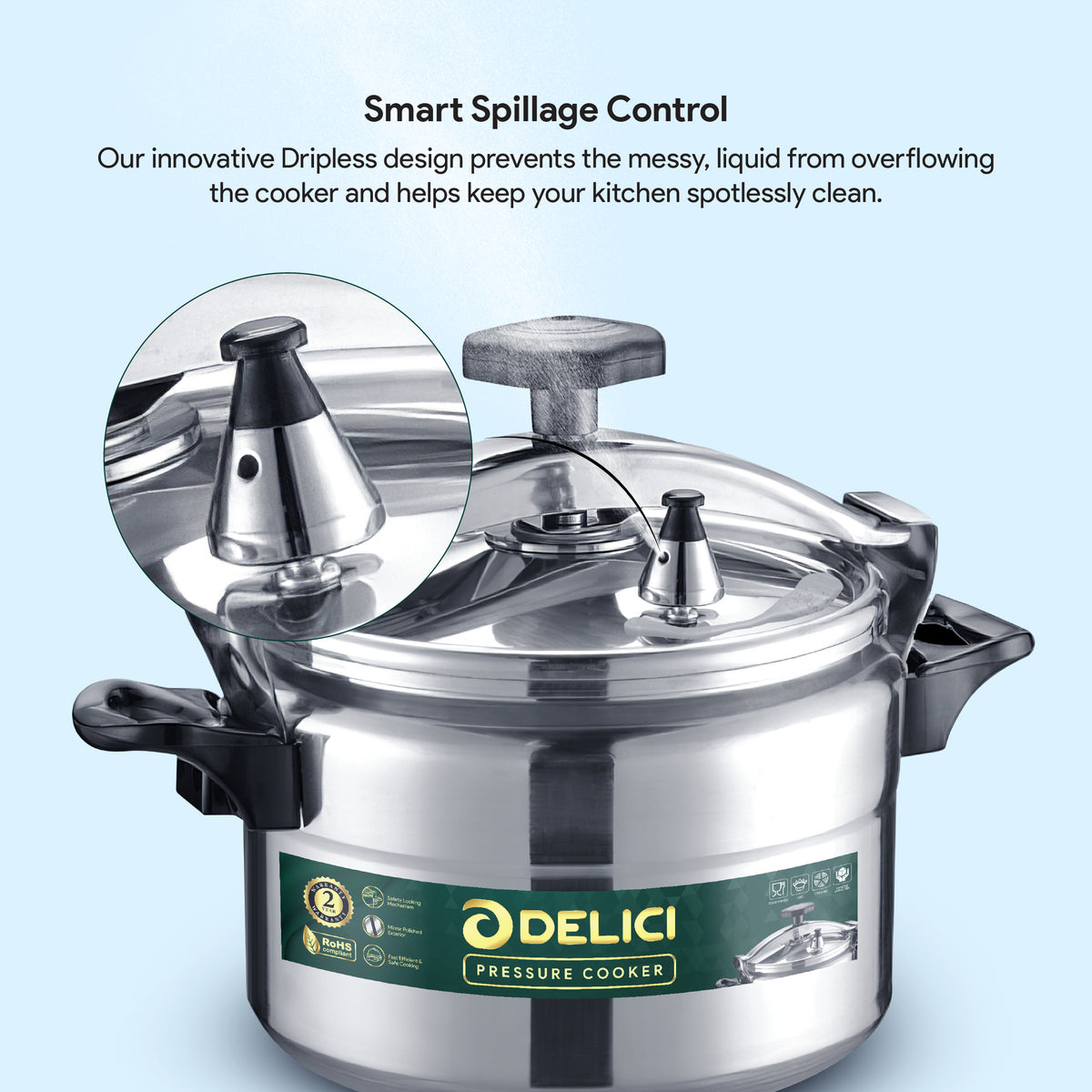 Delici Aluminium Pressure Cooker 5 Litre – DPC 5A | Safety Lock & 2-Year Warranty