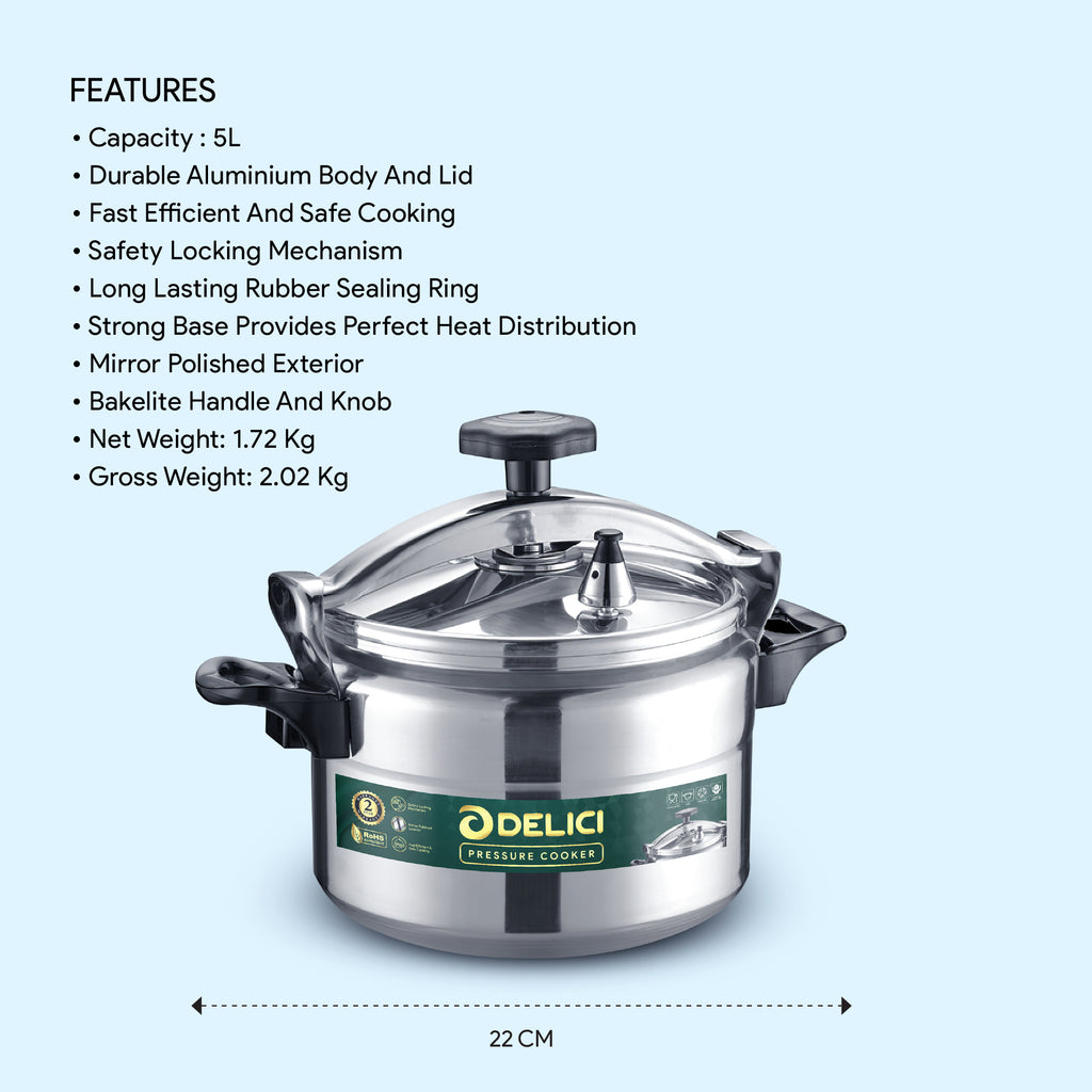 Delici Aluminium Pressure Cooker 5 Litre – DPC 5A | Safety Lock & 2-Year Warranty
