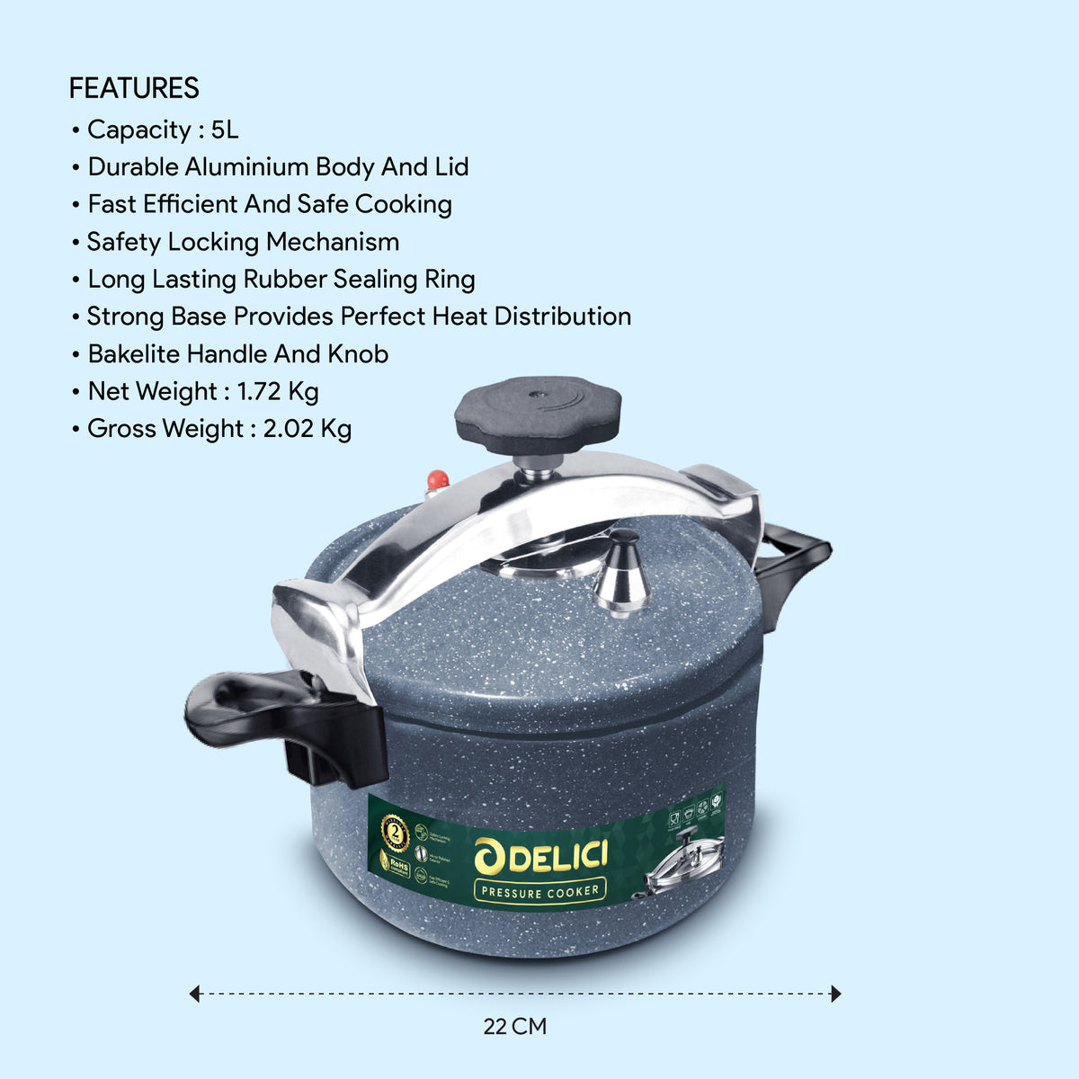 Delici Granite Aluminium Pressure Cooker 5 Litre Gray – DPC 5G | 2-Year Warranty