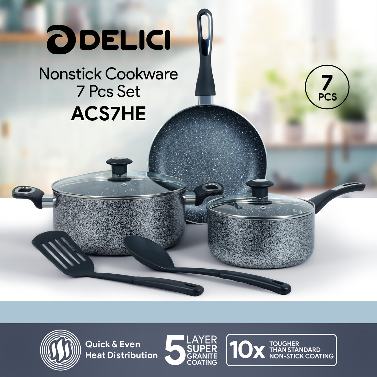 Delici Hammertone Nonstick Cookware 7-Piece Set – ACS7HE | PFOA-Free, Dishwasher Safe