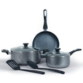 A 4-piece nonstick cookware set in a speckled dark gray finish, including a deep pot, a saucepan, a frying pan, and two black utensils (a spatula and a spoon) on a white background.