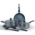 A 4-piece nonstick cookware set in a speckled dark gray finish, including a deep pot, a saucepan, a frying pan, and two black utensils (a spatula and a spoon) on a white background.