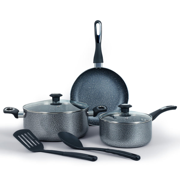 A 4-piece nonstick cookware set in a speckled dark gray finish, including a deep pot, a saucepan, a frying pan, and two black utensils (a spatula and a spoon) on a white background.
