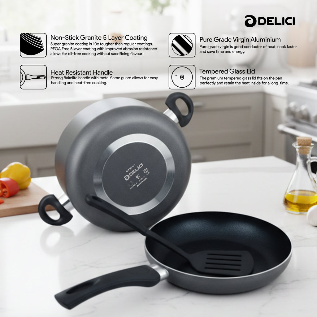 Delici Granite Nonstick Cookware 8-Piece Set – NCS8G | PFOA-Free, Glass Lids, Dishwasher Safe