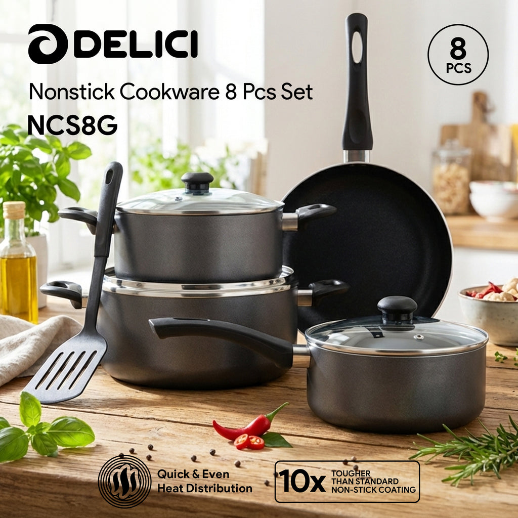 Delici Granite Nonstick Cookware 8-Piece Set – NCS8G | PFOA-Free, Glass Lids, Dishwasher Safe
