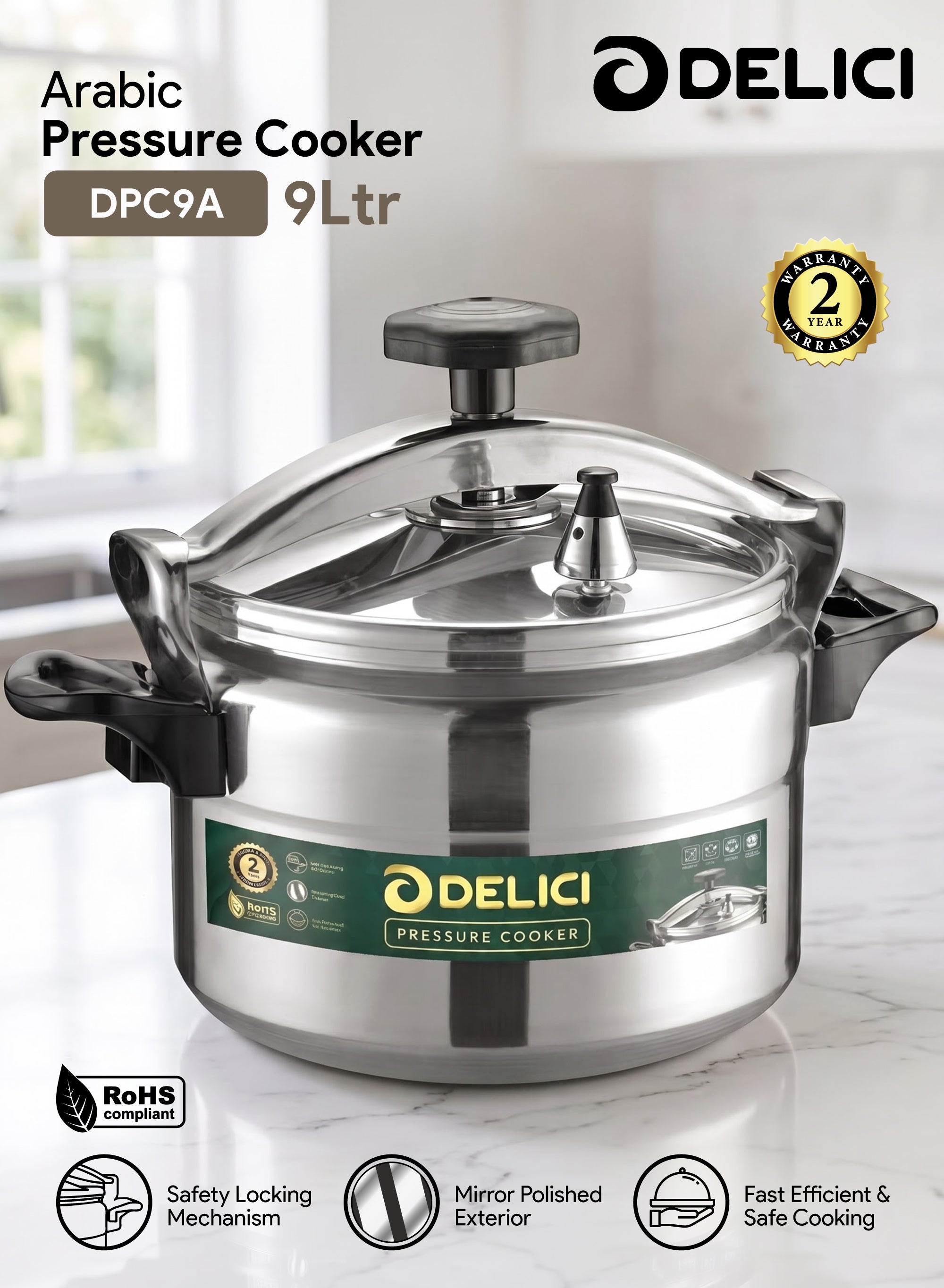 Aluminium Pressure Cooker 9 Litre – DPC 9A | Safety Lock & 2-Year Warranty