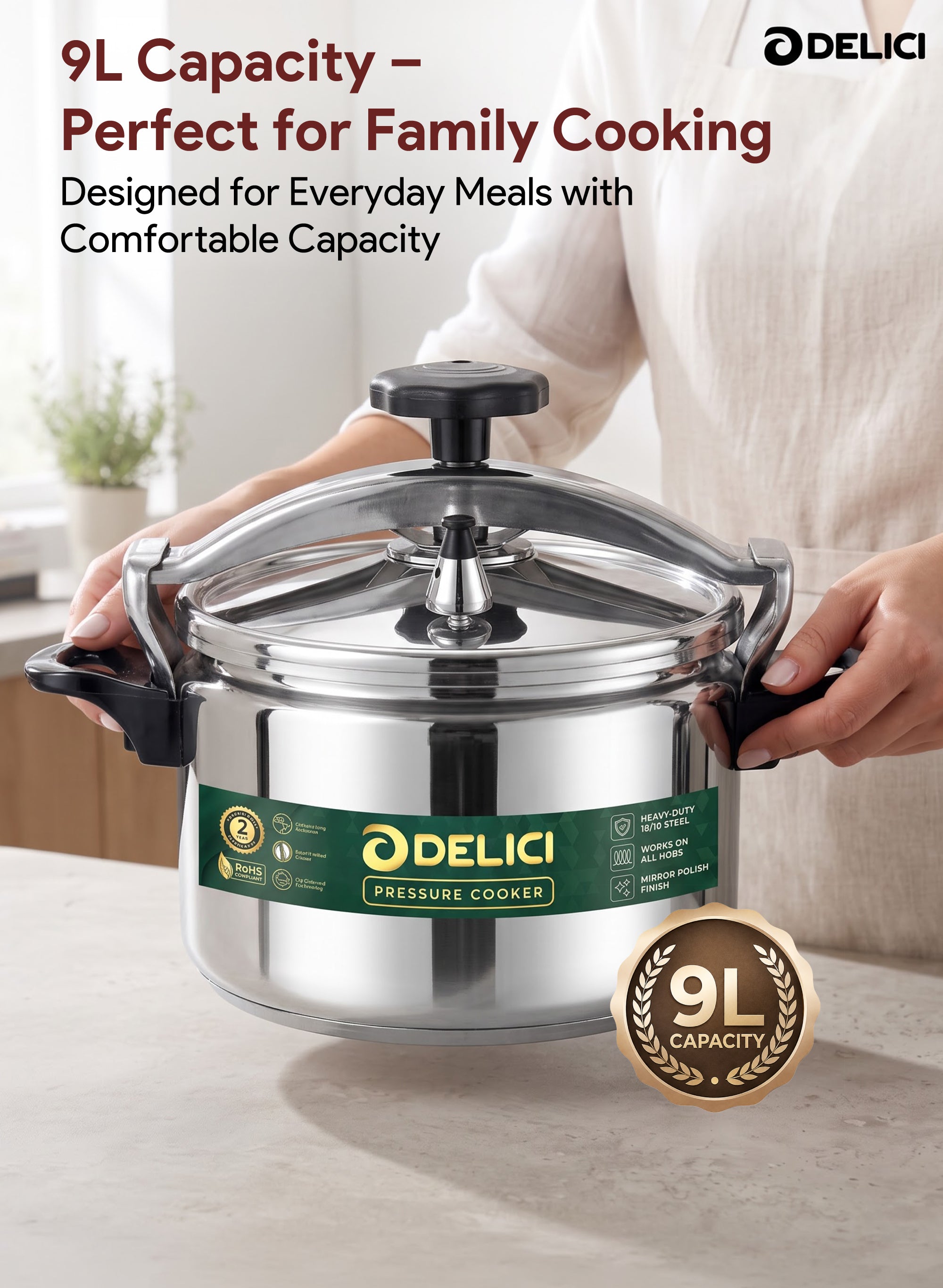 Aluminium Pressure Cooker 9 Litre – DPC 9A | Safety Lock & 2-Year Warranty