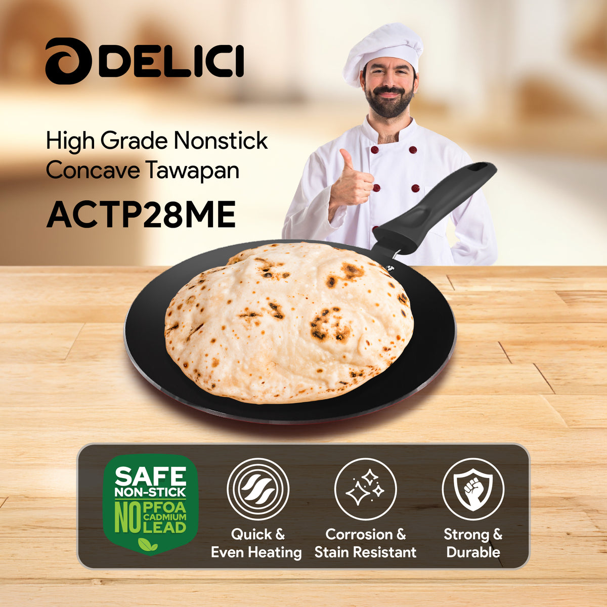 Delici Nonstick Concave Tawa 28 cm – ACTP28ME | PFOA-Free, Dishwasher Safe