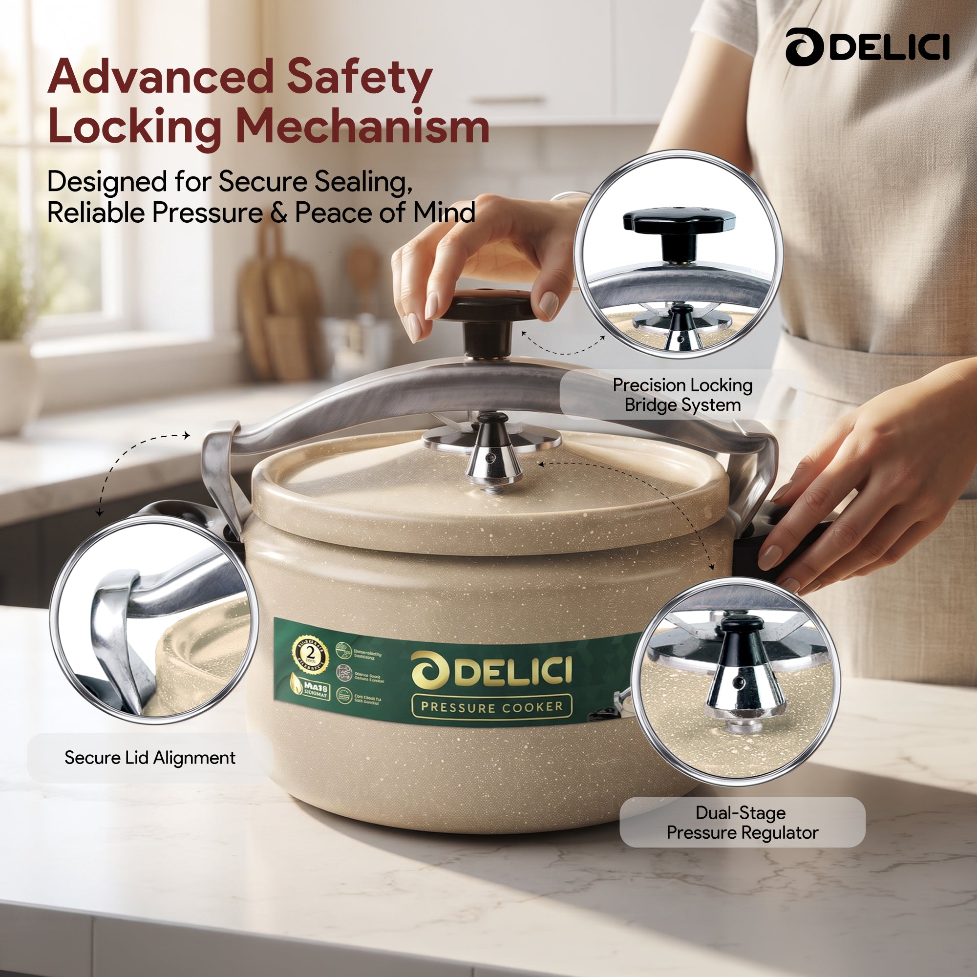 Delici Granite Aluminium Pressure Cooker 5 Litre Beige – DPC 5B | 2-Year Warranty