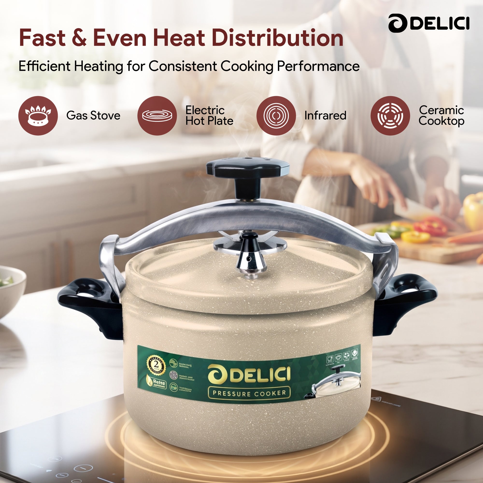 Delici Granite Aluminium Pressure Cooker 5 Litre Beige – DPC 5B | 2-Year Warranty