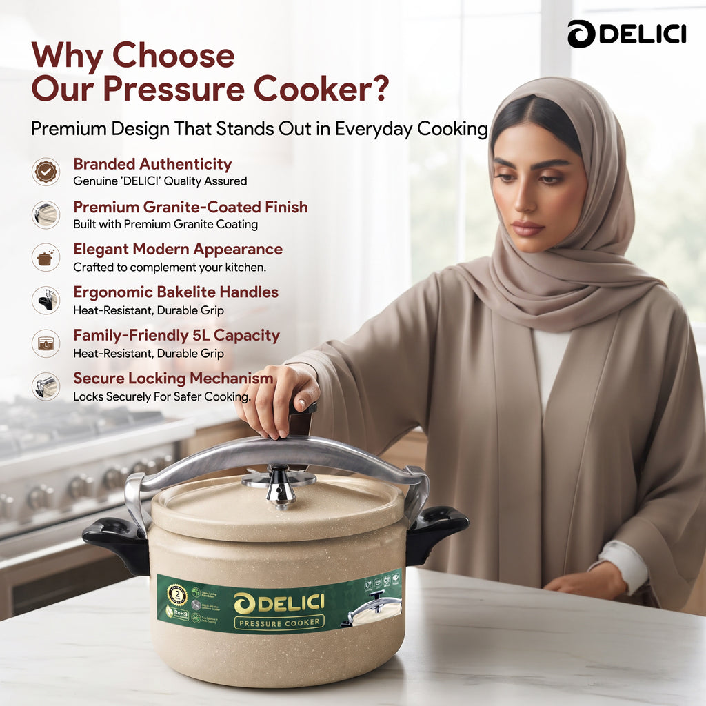 Delici Granite Aluminium Pressure Cooker 5 Litre Beige – DPC 5B | 2-Year Warranty