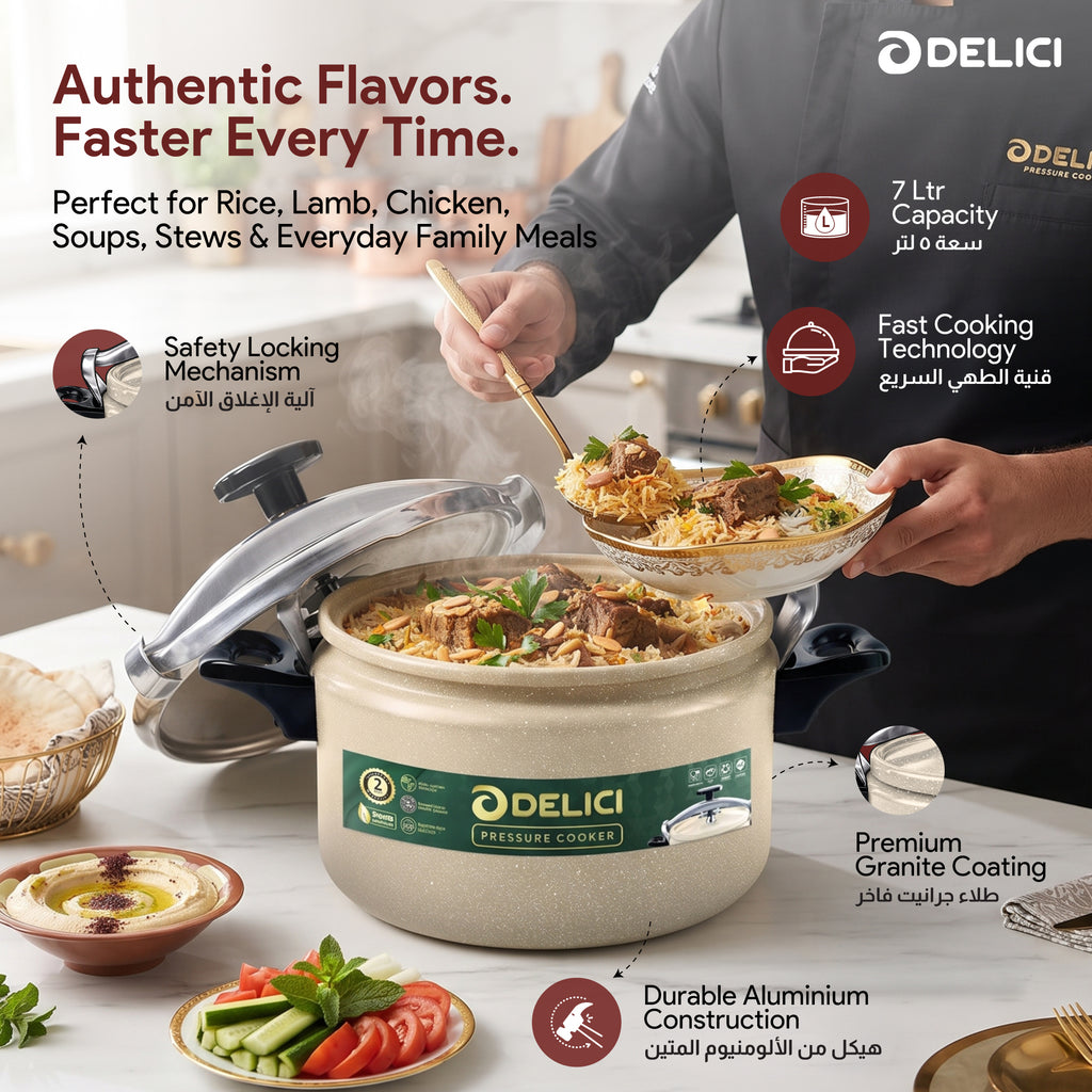 Delici Granite Aluminium Pressure Cooker 7 Litre Beige – DPC 7B | 2-Year Warranty