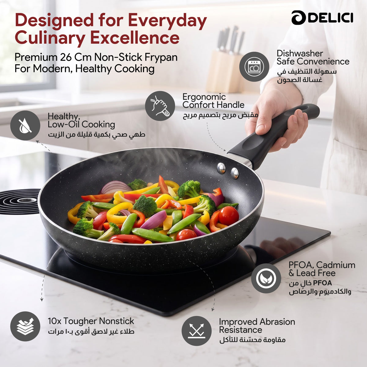 Delici Granite Gray Nonstick Fry Pan 26 cm – AFP26GE | PFOA-Free, Dishwasher Safe