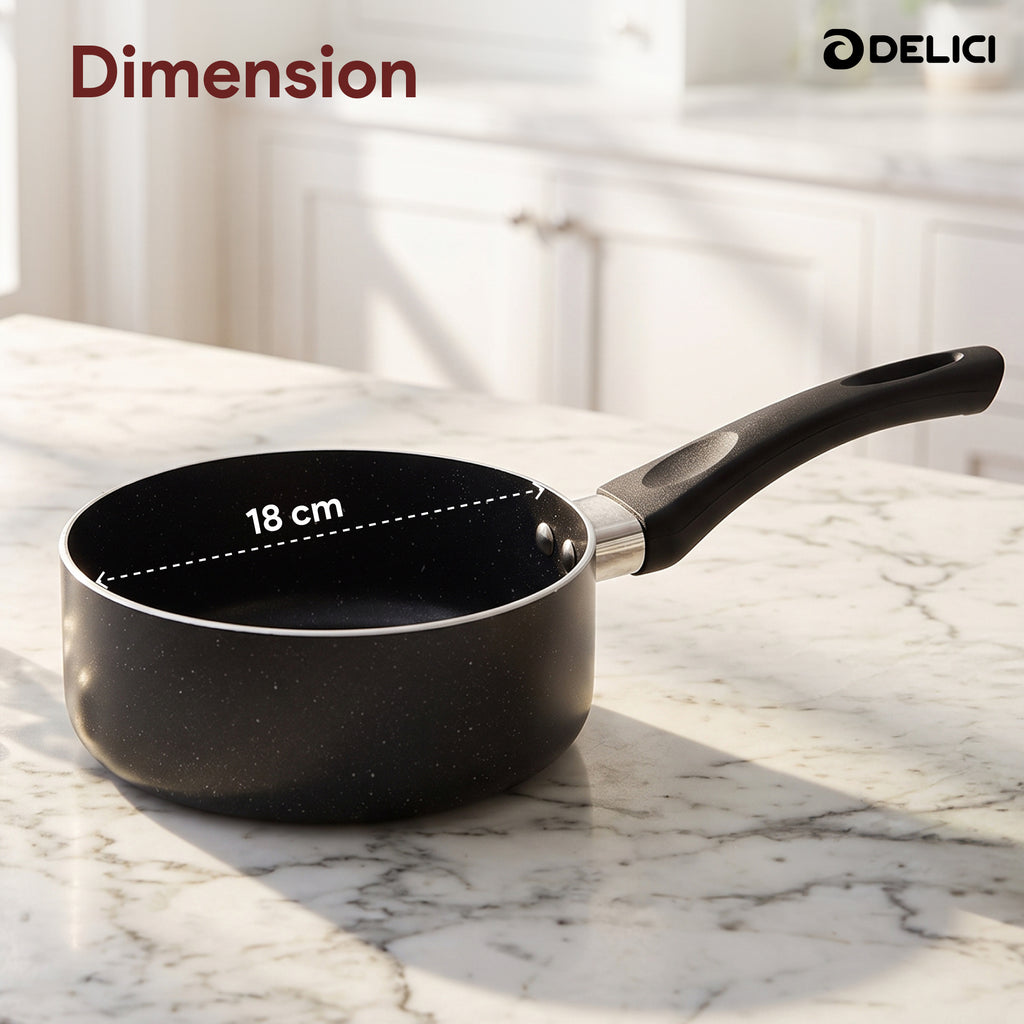Delici Granite Gray Nonstick Milk Pan 18 cm – AMP18GE | PFOA-Free, Glass Lid