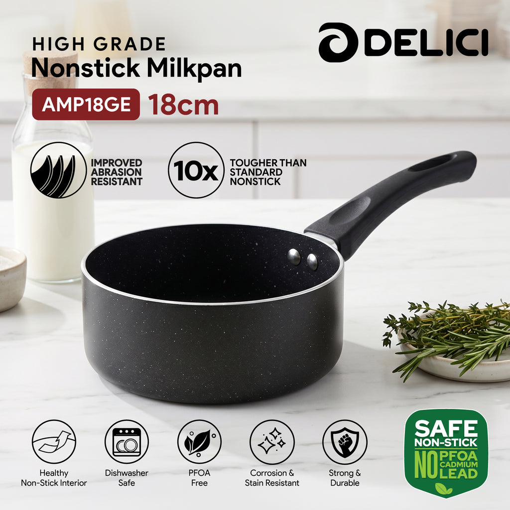 Delici Granite Gray Nonstick Milk Pan 18 cm – AMP18GE | PFOA-Free, Glass Lid
