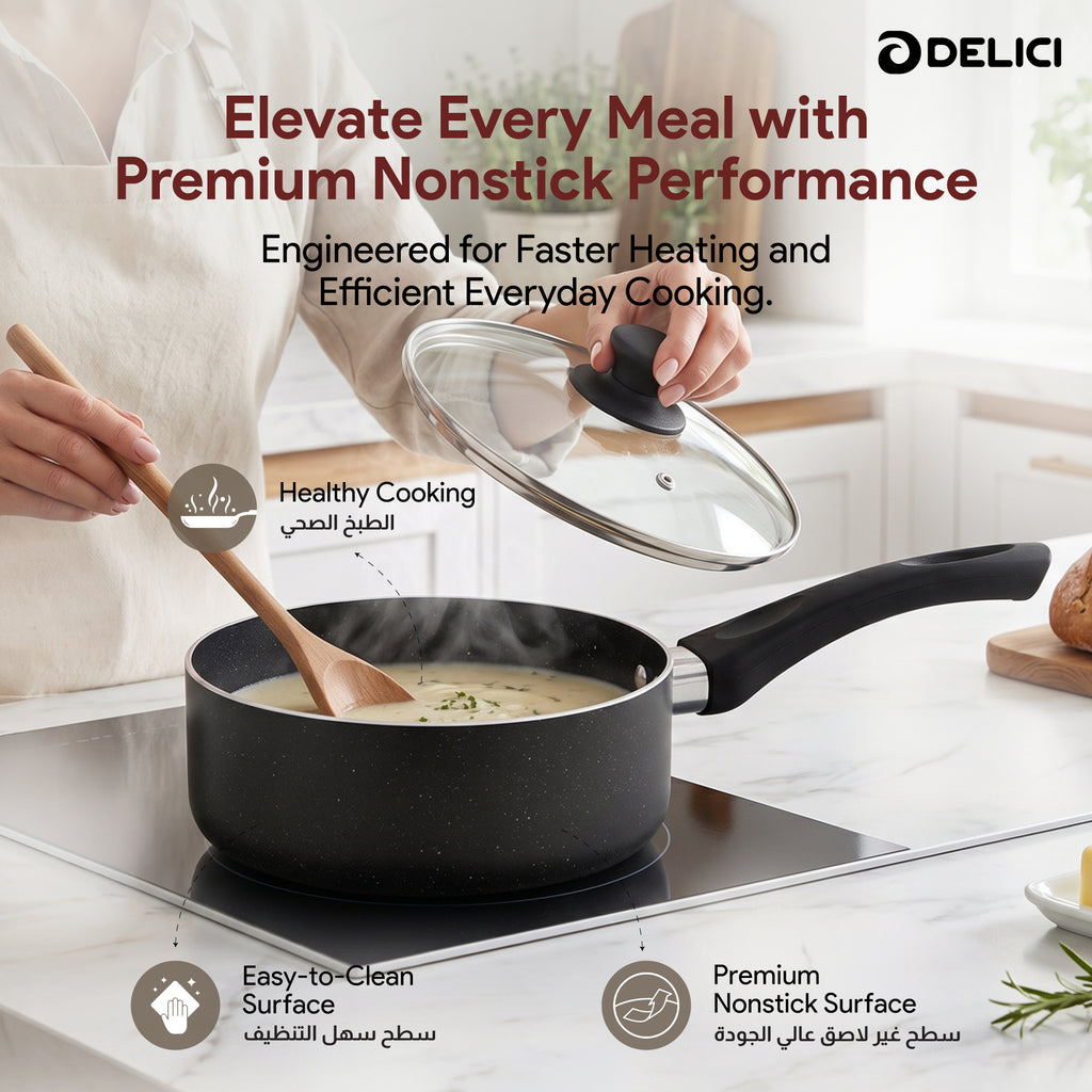Delici Granite Gray Nonstick Milk Pan 18 cm – AMP18GE | PFOA-Free, Glass Lid