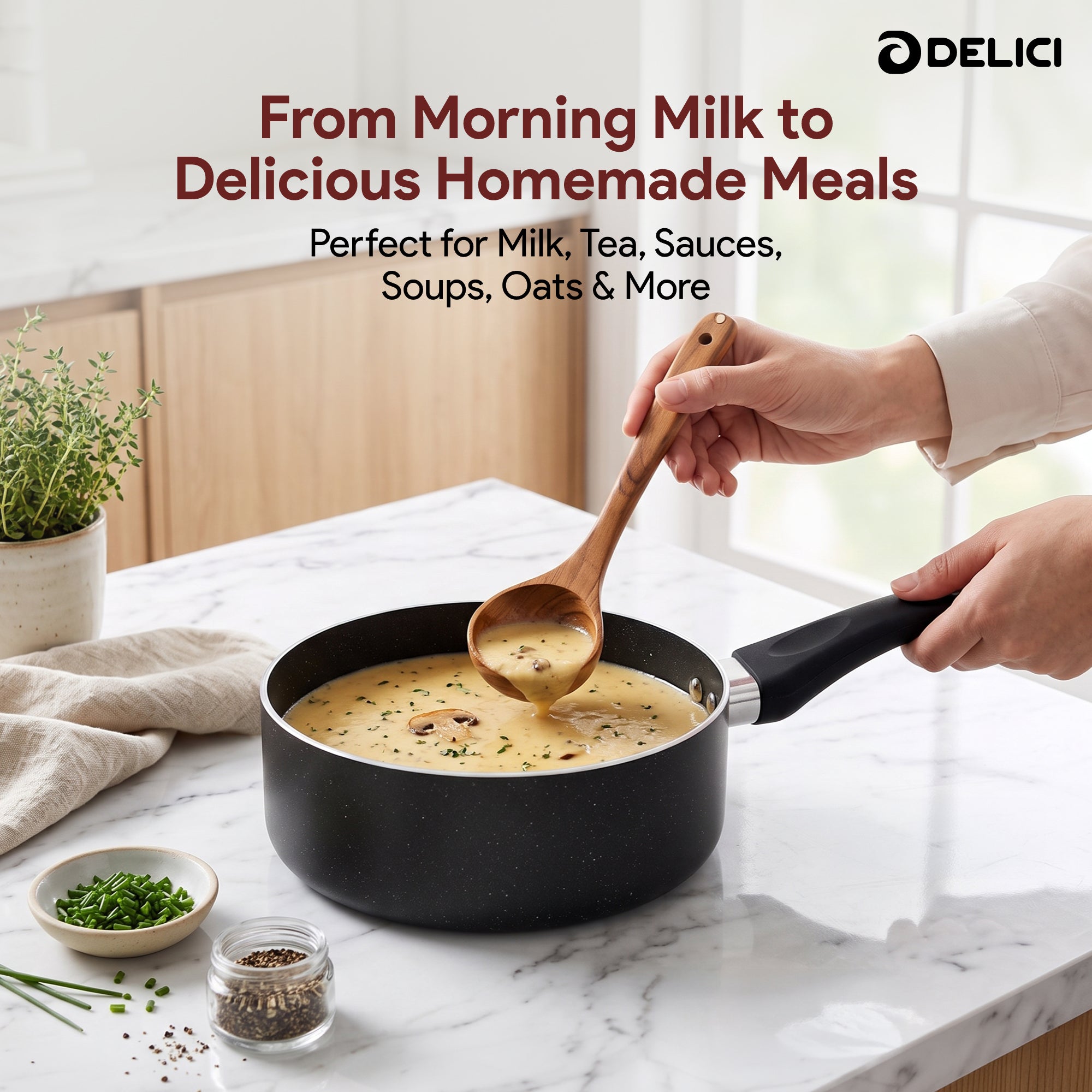 Delici Granite Gray Nonstick Milk Pan 18 cm – AMP18GE | PFOA-Free, Glass Lid