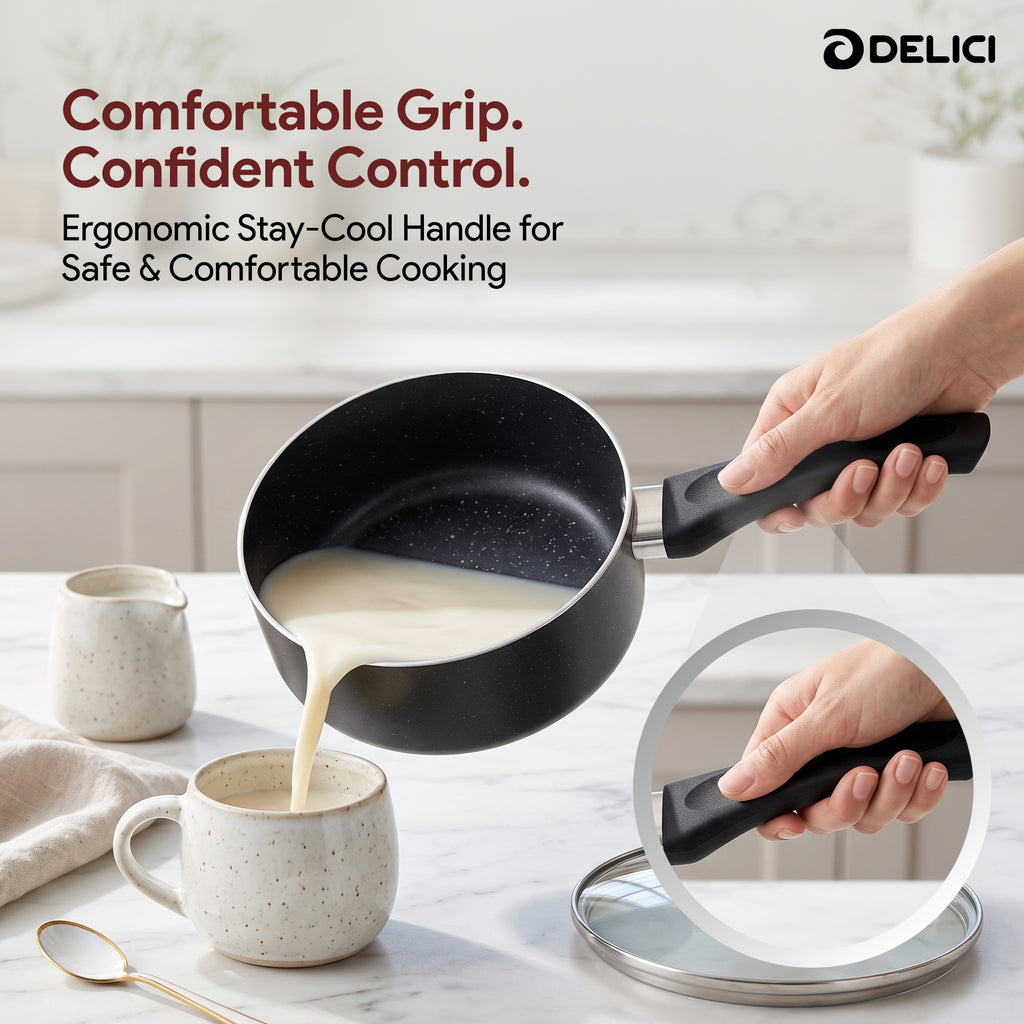 Delici Granite Gray Nonstick Milk Pan 18 cm – AMP18GE | PFOA-Free, Glass Lid