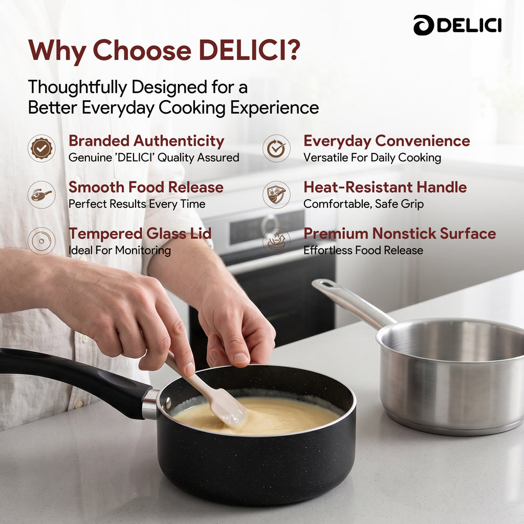 Delici Granite Gray Nonstick Milk Pan 18 cm – AMP18GE | PFOA-Free, Glass Lid
